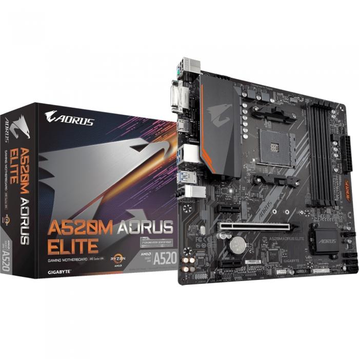 Материнская плата Gigabyte , Socket AM4, AMD A520, 4xDDR4-3200, DVI-D+HDMI, 1xPCI-Ex16, 2xPCI-Ex1, 4xSATA3(RAID 0/1/10), 1xM.2, 8 Ch Audio, GLan, (2+2)xUSB2.0, (4+2)xUSB3.2, 1xPS/2, mATX, RTL A520M AORUS ELITE A520M AORUS ELITE