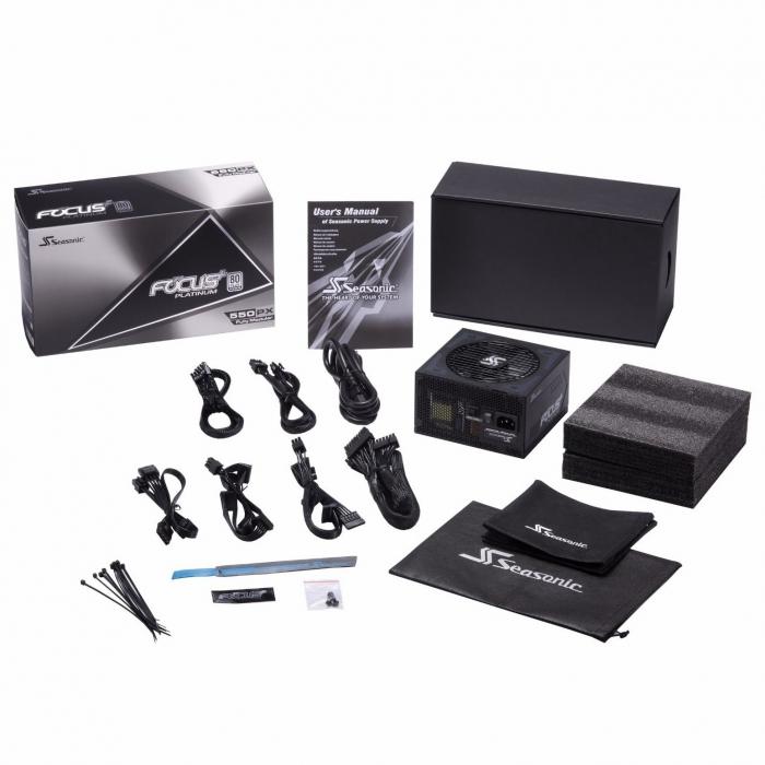 Блок питания Seasonic Focus 550 Platinum APFC 0.99; Модульный МВ(20+4), 2xCPU(4+4),2xPCI-E(6+2),10xSATA,3xMolex,2xMolex to Sata 3.3 Adapter;Fan 120мм, S3FC ;КПД>90%;100-240В,50-60Гц;Защиты OPP/OVP/UVP/ OCP/OTP/SCP;EnergyStar,RoHS; MTBF>100000ч ,RTL S SSR-550PX