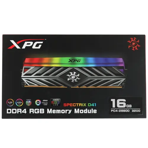 Модуль памяти ADATA 16GB DDR4 3200 DIMM SPECTRIX D41 RGB Grey Gaming Memory Non-ECC, CL16, 1.35V, 1024x8, RTL (468321) AX4U3200316G16-ST41 AX4U3200316G16-ST41