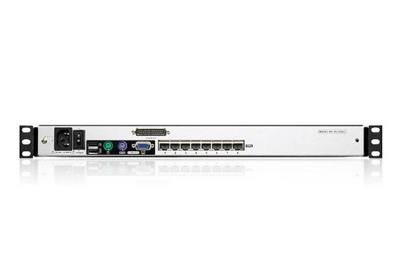 KVM переключатель ATEN 1 user PS2/USB/VGA консоль LCD 19" => 8 cpu/портов (PS2/USB/Sun+VGA)/RS232, без модулей KL1508AN-AW-RG KL1508AN-AW-RG