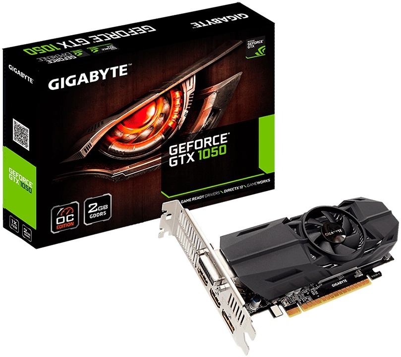Видеокарта  Gigabyte PCI-E nVidia GeForce GTX 1050 2048Mb 128bit GDDR5 1366/7008 DVIx1/HDMIx2/DPx1/HDCP Ret low profile GV -N1050OC-2GL GV-N1050OC-2GL