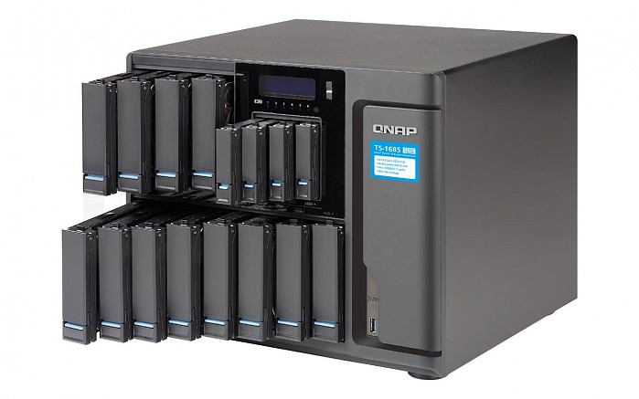 Сетевой RAID-накопитель QNAP 12 отсеков 3,5", 4 отсека 2,5", 6 портов M.2, 2 порта 10 GbE BASE-T. Intel Xeon D-1521 2,4 ГГц, 16 ГБ DDR4 TS-1685-D1521-16G TS-1685-D1521-16G