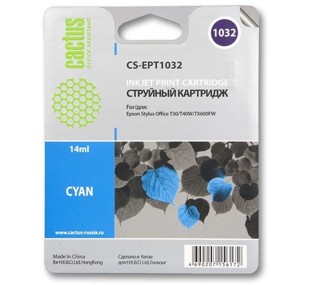 Картридж Cactus струйный CS-EPT1032 голубой для Epson Stylus Office T1100/TX510/TX510fn/TX550/TX550w CS-EPT1032 CS-EPT1032