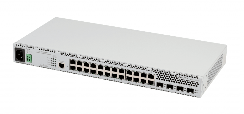 Коммутатор Eltex  24 порта 100BASE-FX/1000BASE-X, 4 порта 1000BASE-X/10GBASER, L2, 110-250 B AC, 12 B DC MES2424FB MES2424FB