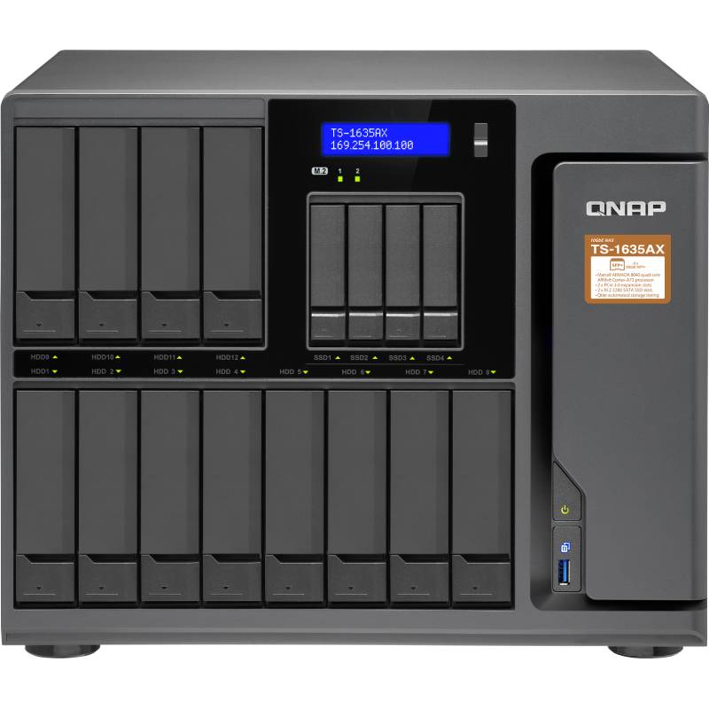 Сетевой RAID-накопитель QNAP 16-tray w/o HDD (12 x 2.5"/3.5" and 4 x 2.5" SSD slot), 6xM.2 Slot, Quad-core Intel Xeon D-1521 2.4 GHz, 8GB RAM (4GB UDIMM x 2) up to 128GB (32GBx4), 2x10 GbE 10GBASE-T, 4xGbE LAN, 3xUSB, 3xPCIe Slot, 250W PSU TS-1685-D1 TS-1685-D1521-8G