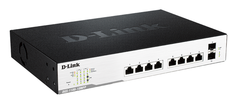 Коммутатор D-Link L2 Smart Switch with 8 10/100/1000Base-T and 2 1000Base-X SFP ports (6 PoE ports 802.3af/802.3at(30 W), 2 PoE ports 802.3af/802.3at/UPoE 802.3bt draft (75 W) PoE Budget 242 W) DGS-1100-10MPP/B1A DGS-1100-10MPP/B1A
