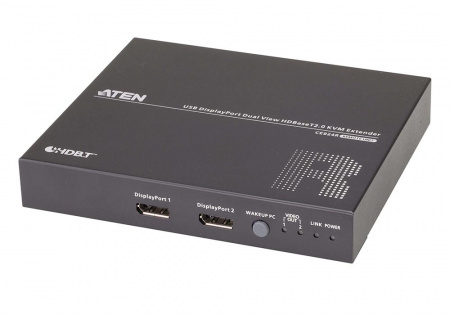 Удлинитель ATEN KVM USB, 2xDP+KBD&MOUSE USB+AUDIO+RS232, 100 метр,, 1xUTP Cat5e/HDBaseT, 2x(DP+MINIJACK)+DB9+USB B-тип>3xUSB A-тип, ~, с набором шнуров 1,5м,, 2xDC 5,3V, (Single/Dual View 4096x2160 30Hz 4:4:4/1920х1080 60Hz 90м Cat5e;100м Cat6/6a) CE CE924-AT-G