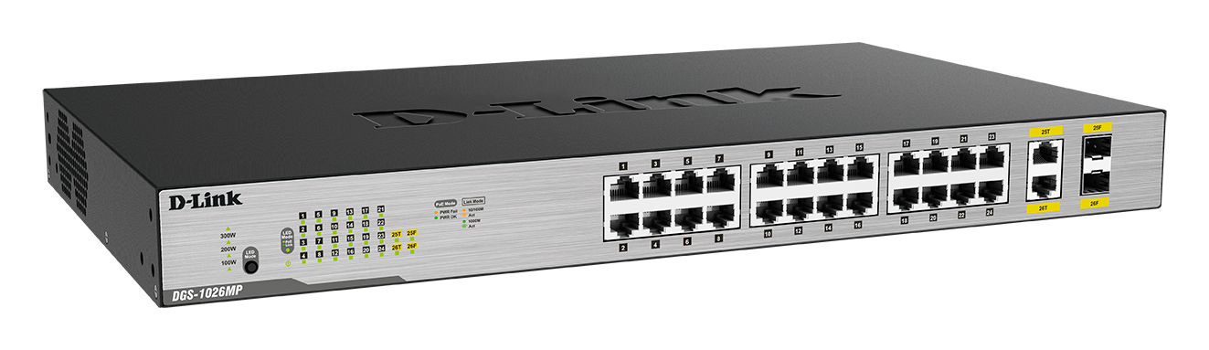 Коммутатор D-Link L2 Unmanaged Switch with 24 10/100/1000Base-T ports and 2 100/1000Base-T SFP combo-ports (24 PoE ports 802.3af/802.3at (30 W), PoE Budget 370) DGS-1026MP/B1A DGS-1026MP/B1A