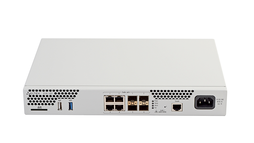 Маршрутизатор Eltex  ESR-100, 4x Combo 10/100/1000BASE-T/1000BASE-X SFP, 1x USB 2.0, 1x USB3.0, 1 слот для SD-карт, 4Gb RAM, 1Gb Flash, 220V AC ESR-10 ESR-100