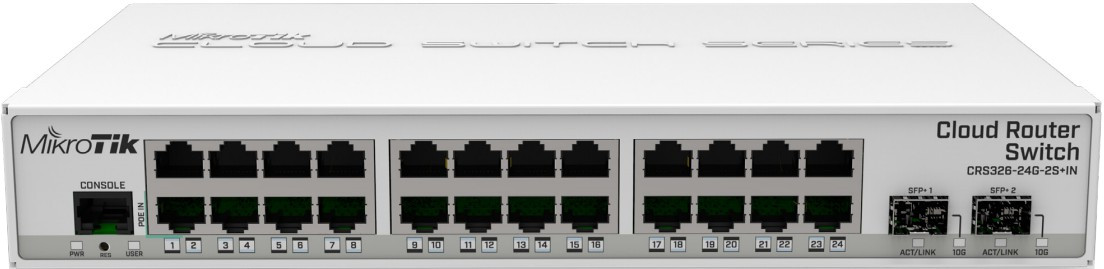 Коммутатор Mikrotik  24 Gigabit ports, 10G 2x SFP+ cages, 512 MB RAM, Dual Boot, desktop case CRS326-24G-2S+IN CRS326-24G-2S+IN