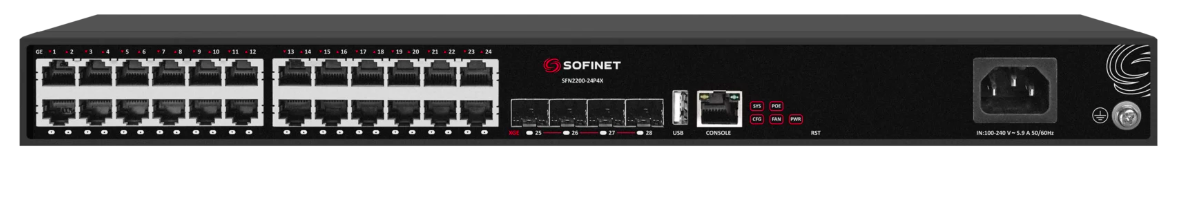 Коммутатор Sofinet  L2+, 24x10/100/1000Mb, RJ45, 4x1/10Gb, SFP+, PoE 380 Вт,  SFN2200-24P4X SFN2200-24P4X