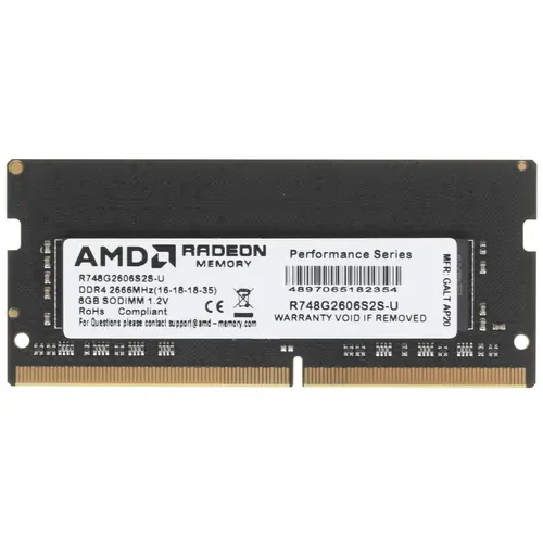 Модуль памяти AMD 8GB Radeon™ DDR4 2666 SO DIMM R7 Performance Series Black Non-ECC, CL16, 1.2V, RTL (182354) R748G2606S2S-U R748G2606S2S-U