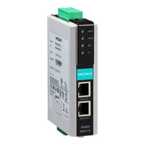 Конвертер MOXA 1-портовый преобразователь Modbus RTU/ASCII (1 x RS-232/422/485) в Modbus TCP (2 x Ethernet, 1 IP-адрес), гальваническая изоляция 2 кВ, монтаж на DIN-рейку MGate MB3170I MGate MB3170I