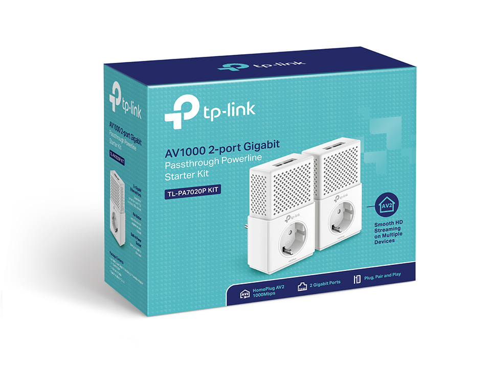 Адаптер TP-Link AV1000, встр электророзетка, 1000 Мбит/с Powerline, 2Gb Ethernet, HomePlug AV2, 2 устр в комплекте TL-PA7020PKIT TL-PA7020PKIT