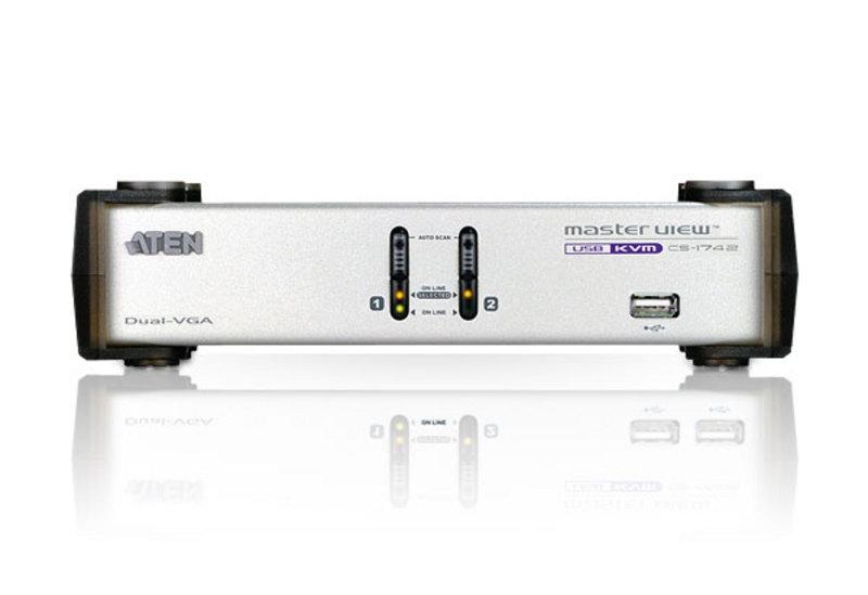 KVM переключатель ATEN VGA/SVGA+KBD+MOUSE+AUDIO, 1> 2 порта USB,  2 VGA c KVM-шнурами USB 2х1.8 м.+MINIJACK 2х1.8м CS1742C-AT CS1742C-AT