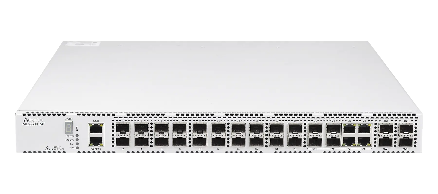 Коммутатор Eltex  20 портов 1000BASE-X/100BASE-FX (SFP), 4 комбинированных порта 10/100/1000BASE-T/1000BASE-X/100BASE-FX, 4 порта 10GBASE-R (SFP+)/1000BASE-X (SFP), L3, 2 слота для модулей питания MES3300-24F MES3300-24F