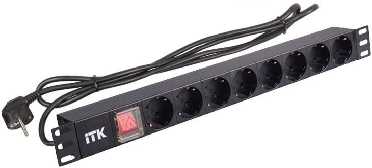 Блок розеток ITK  PDU 8 розеток нем. ст, с LED выкл,1U, шнур 2м вилка нем. с PH12-8D1 PH12-8D1