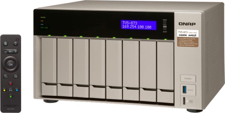 Сетевой RAID-накопитель QNAP 8 отсеков для HDD, 2 слота M.2 SSD, 2 HDMI-порта. AMD RX-421BD 2,1 ГГц (до 3,4 ГГц ), 64 ГБ DDR4 TVS-873-64G TVS-873-64G