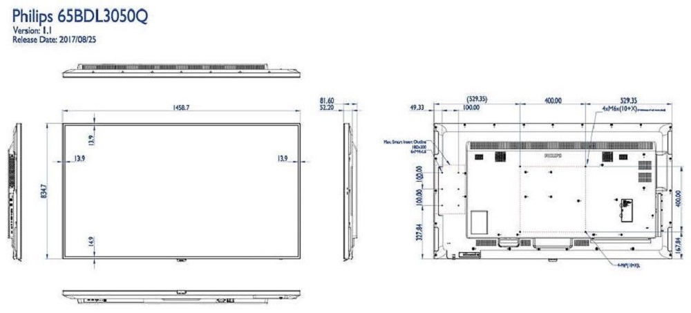 Профессиональная панель Philips 65BDL3050/00 LED 3840х2160,4000:1,350кд/м2,USB, медиаплеер Android 5.1 ,OPS 65BDL3050/00 65BDL3050/00