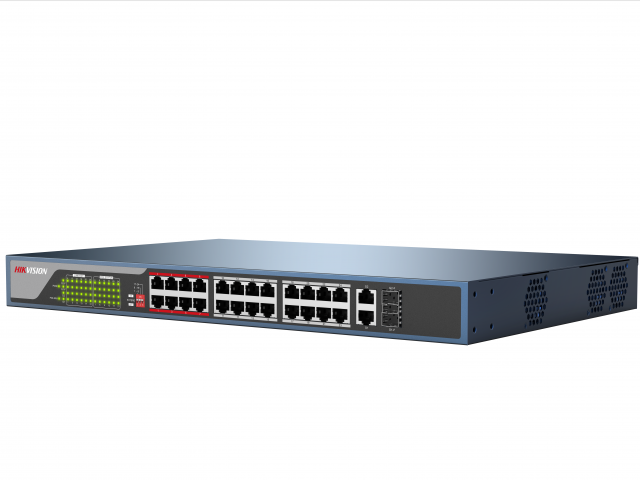 PoE коммутатор Hikvision DS-3E0326P-E 24 RJ45 100M с грозозащитой 4кВ, 1-8 порты с высоким приоритетом; 2 Uplink комбо-порта 1000М DS-3E0326P-E DS-3E0326P-E