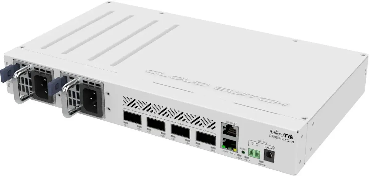 Коммутатор Mikrotik  Cloud Router Switch, 1x 100Mbit Ethernet port, 4x 100G QSFP28 ports, RouterOS v7 CRS504-4XQ-IN CRS504-4XQ-IN