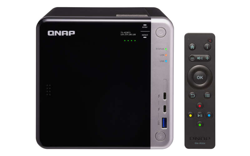 Сетевой RAID-накопитель QNAP 4 отсека для HDD, 2 HDMI-порта, 1x10 GbE BASE-T, 2xThunderbolt 3, Intel Celeron J3455 1,5 ГГц, 8 ГБ TS-453BT3-8G TS-453BT3-8G
