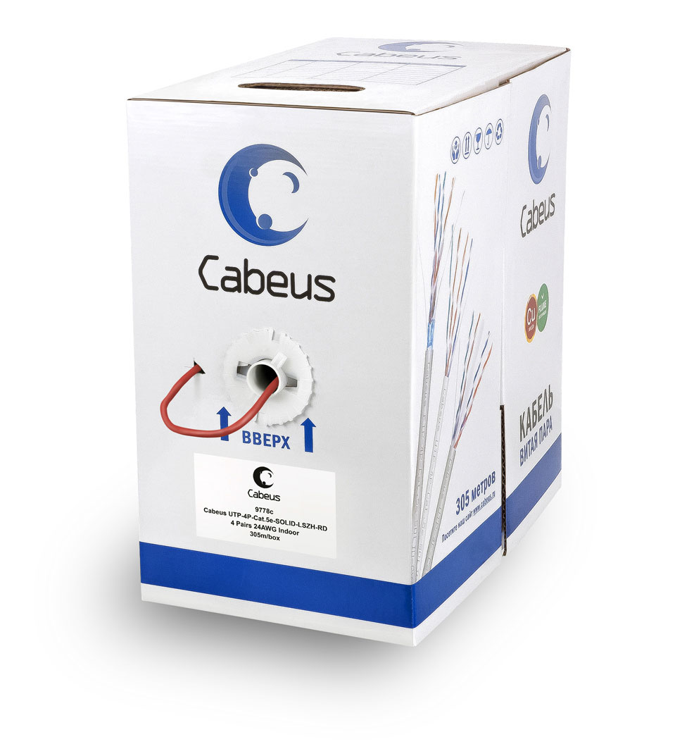 Кабель Cabeus витая пара UTP (U/UTP), категория 5e, 4 пары (24 AWG), одножильный, красный, LSZH, нг(А)-HF, (305 м), системная гарантия 25 лет. UTP-4P-Cat.5e-SOLID-LSZH-RD UTP-4P-Cat.5e-SOLID-LSZH-RD