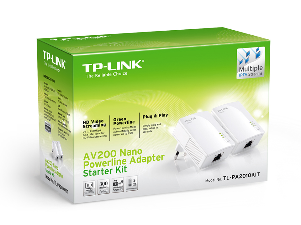 Адаптер TP-Link AV200 Nano 200 Мбит/с по Powerline, 100 Мбит/с Ethernet, HomePlug AV TL-PA2010 TL-PA2010