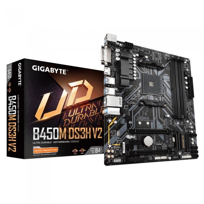 Материнская плата Gigabyte , Socket AM4, AMD B450, 4xDDR4-2933, DVI-D+HDMI, 2xPCI-Ex16, 1xPCI-Ex1, 4xSATA3(RAID 0/1/10), 1xM.2, 8 Ch Audio, GLan, (4+4)xUSB2.0, (4+2)xUSB3.1, 1xPS/2, mATX, RTL B450M DS3H V2 B450M DS3H V2