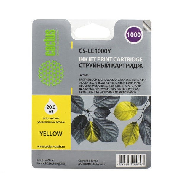 Картридж Cactus струйный CS-LC1000Y желтый для Brother DCP 130C/330С/MFC-240C/5460CN (20мл) CS-LC1000Y CS-LC1000Y