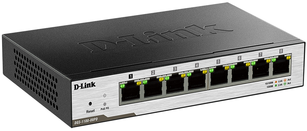 Коммутатор D-Link  EasySmart с 8 портами 10/100/1000Base-T и поддержкой питания по PoE DGS-1100-08PD/B1B DGS-1100-08PD/B1B