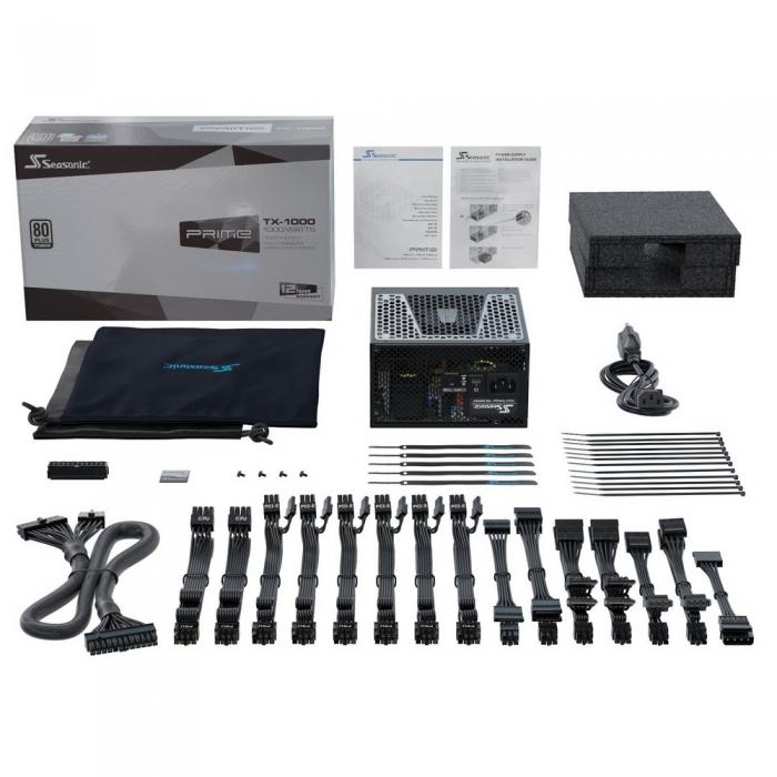 Блок питания Seasonic PRIME TX-1000 Active PFC 0.99; Модульный МВ (20+4), 2xCPU(4+4),6xPCI-E(6+2), 14xSATA, 5xMolex, 2xMolex to SATA 3.3 Adapter, fan 135mm, Premium Hybrid Fan Control; КПД>94%,100-240 В, 50-60 Гц, защиты OPP/OVP/UVP/ OCP/OTP/SCP, Ene SSR-1000TR