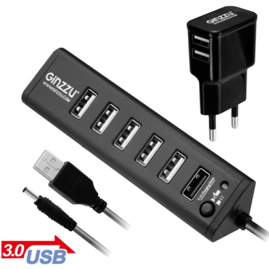 Концентратор USB 3.0 / 2.0 Ginzzu GR-315UAB 7 портов (1xUSB3.0+6xUSB2.0)+adp GR-315UAB