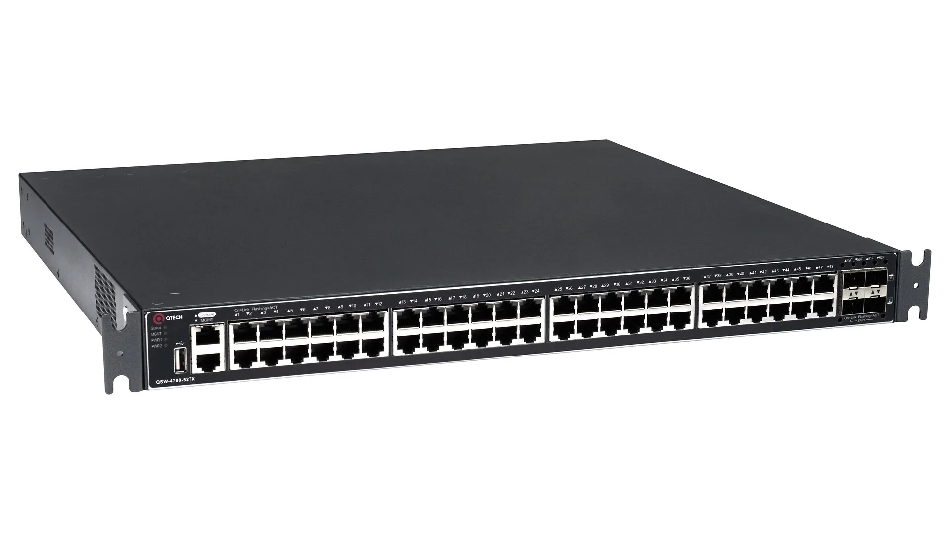Коммутатор Qtech  L3, 48 портов 10/100/1000 BASE-T, 4 порта 10GbE SFP+, 4K VLAN, 32K MAC адресов,  консольный порт, 1 MGMT порт, 1 порт USB 2.0 (на передней панели), 2 сменных БП (поставляются отдельно), разъем питания QSW-4700-52TX QSW-4700-52TX #3