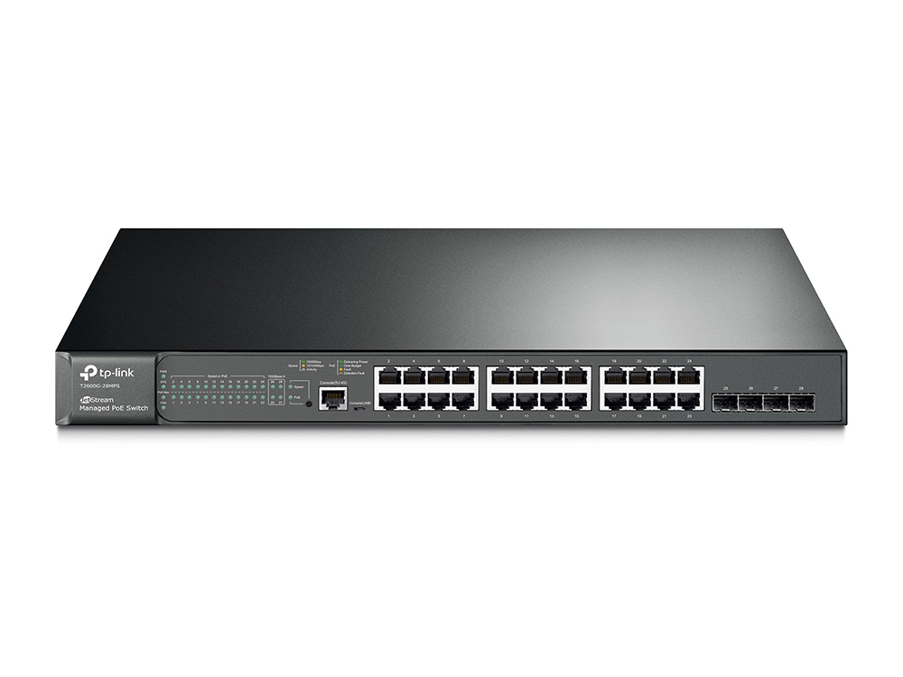 Коммутатор TP-Link L2, PoE+, 4*SFP, 20*10/100/1000, 4 combo 10/100/1000, 802.3at/af, общий бюджет до 384 Вт T2600G-28MPS T2600G-28MPS