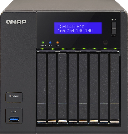 Сетевой RAID-накопитель QNAP 8 отсеков для HDD 2,5", HDMI-порт. Четырехъядерный Intel Celeron J1900 2,0 ГГц, 4ГБ. TS-853S Pro TS-853S Pro