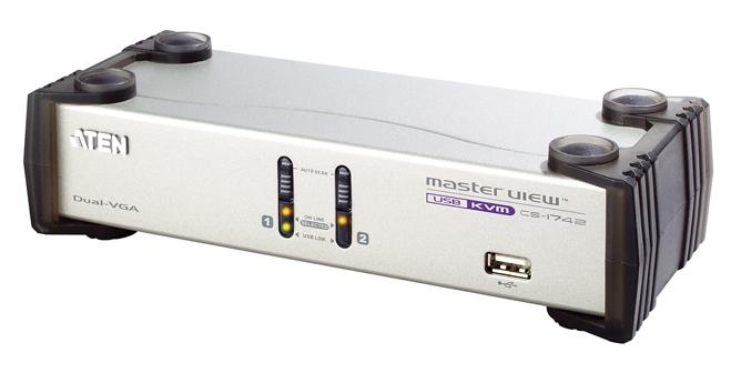 KVM переключатель ATEN VGA/SVGA+KBD+MOUSE+AUDIO, 1> 2 порта USB,  2 VGA c KVM-шнурами USB 2х1.8 м.+MINIJACK 2х1.8м CS1742C-AT CS1742C-AT