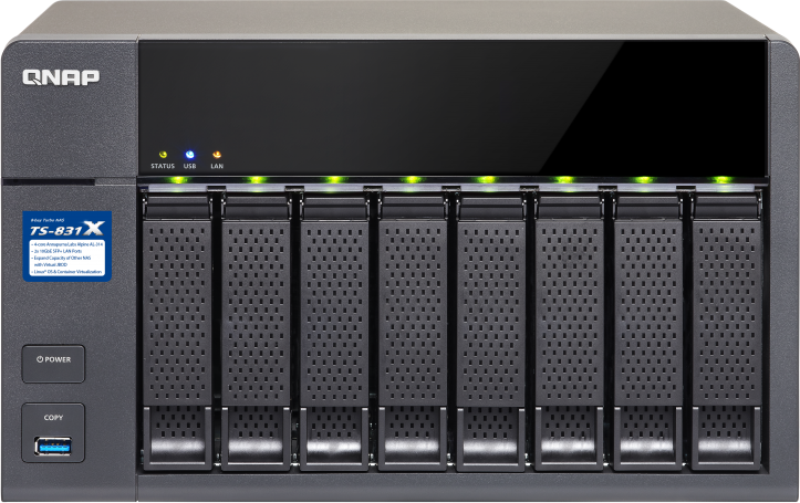 Сетевой RAID-накопитель QNAP 8 отсеков для HDD, два порта 10 GbE SFP+. Cortex-A15 AnnapurnaLabs 1,4 ГГц , 16 ГБ. TS-831X-16G TS-831X-16G