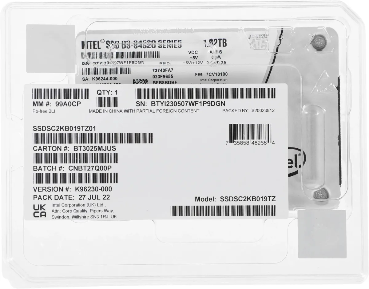 Накопитель SSD Intel D3-S4520 1.92TB SSD 2.5", SATA 3, 550/510, IOPS 91K/38K, MTBF 2M, TLC 8.8PBW SSDSC2KB019TZ01 SSDSC2KB019TZ01