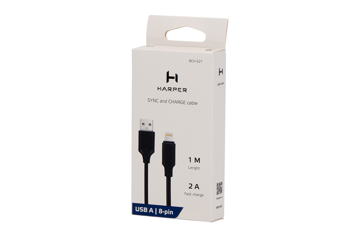 Кабель HARPER USB A - 8-pin, BCH-521 Black ((ПВХ) для зарядки и синхронизации, 2A, Быстрая зарядка.) H00002946 H00002946