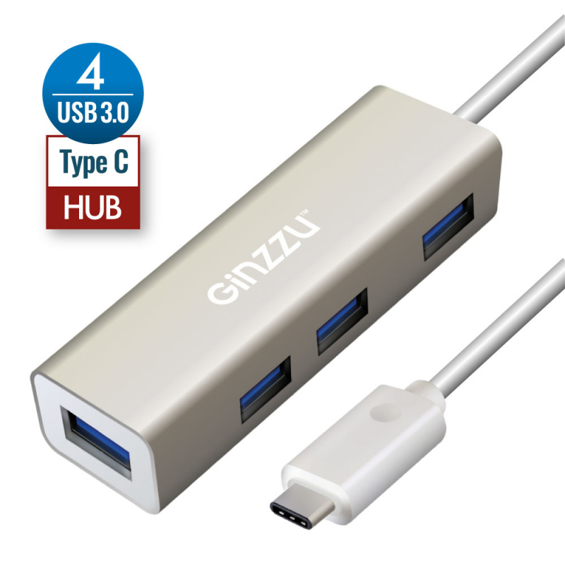 Концентратор USB Ginzzu OTG Type C! 4-х портовый USB 3.0 OTG Type C концентратор, интерфейс USB 3.1 Type C, кабель - 20 см, алюминиевый корпус  GR-518UB GR-518UB