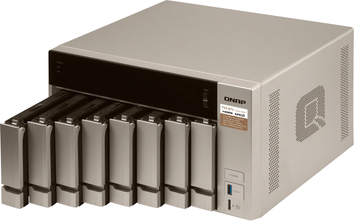 Сетевой RAID-накопитель QNAP 8 отсеков для HDD, 2 слота M.2 SSD, 2 HDMI-порта. AMD RX-421BD 2,1 ГГц (до 3,4 ГГц ), 64 ГБ DDR4 TVS-873-64G TVS-873-64G