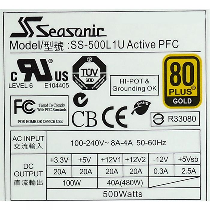 Блок питания Seasonic Seasonic Gold :APFC 0.99;Модульные кабели;Fan 3.8сm, S2FC;КПД>87%;90-264В,47-63Гц;Защиты OPP/OVP/SCP;EnergyStar,RoHS,Gost-R,UkrTEST;MTBF>100000ч OEM SS-500L1U SS-500L1U