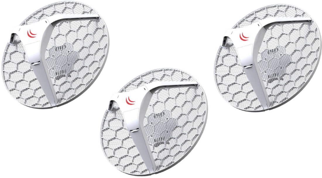 Точка доступа Mikrotik LHG 5 Tripack (Three units of LHG 5 with 24.5dBi 5GHz antenna, Dual Chain 802.11an wireless, 600MHz CPU, 64MB RAM, 1x LAN, POE, PSU, RouterOS L3) – all three antennas in single box RBLHG5kit RBLHG5kit