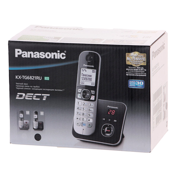 Телефон DECT Panasonic АОН голосовой, а/о 30 мин., дисплей, часы, будильник, 120 ном., однокноп . набор, радионяня, чёрный KX-TG6821RUB KX-TG6821RUB