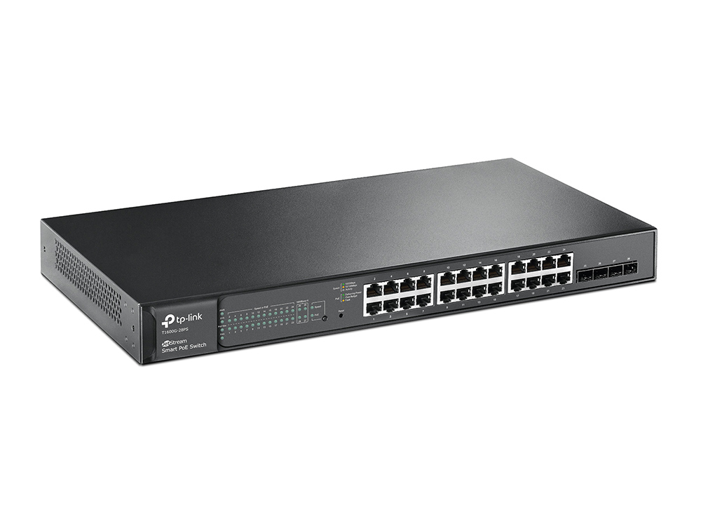 Коммутатор TP-Link Web-smart, PoE+, 24*10/100/1000, 4 SFP, бюджет PoE до 192 Вт, 1U 19" стальной корпус T1600G-28PS T1600G-28PS