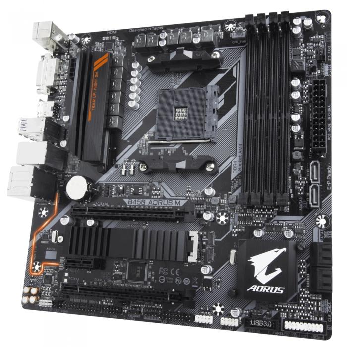 Материнская плата Gigabyte , Socket AM4, AMD B450, 4xDDR4-2933, DVI-D+HDMI, 2xPCI-Ex16, 1xPCI-Ex1, 6xSATA3(RAID 0/1/10), 1xM.2, 8 Ch Audio, GLan, (2+4)xUSB2.0, (6+2)xUSB3.1, 1xPS/2, mATX, RTL B450 AORUS M B450 AORUS M