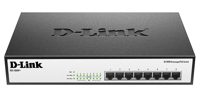 Коммутатор D-Link Неуправляемый с 8 портами 10/100Base-TX с поддержкой PoE 802.3af/at, PoE-бюджет 140 В DES-1008P+/A1A DES-1008P+/A1A