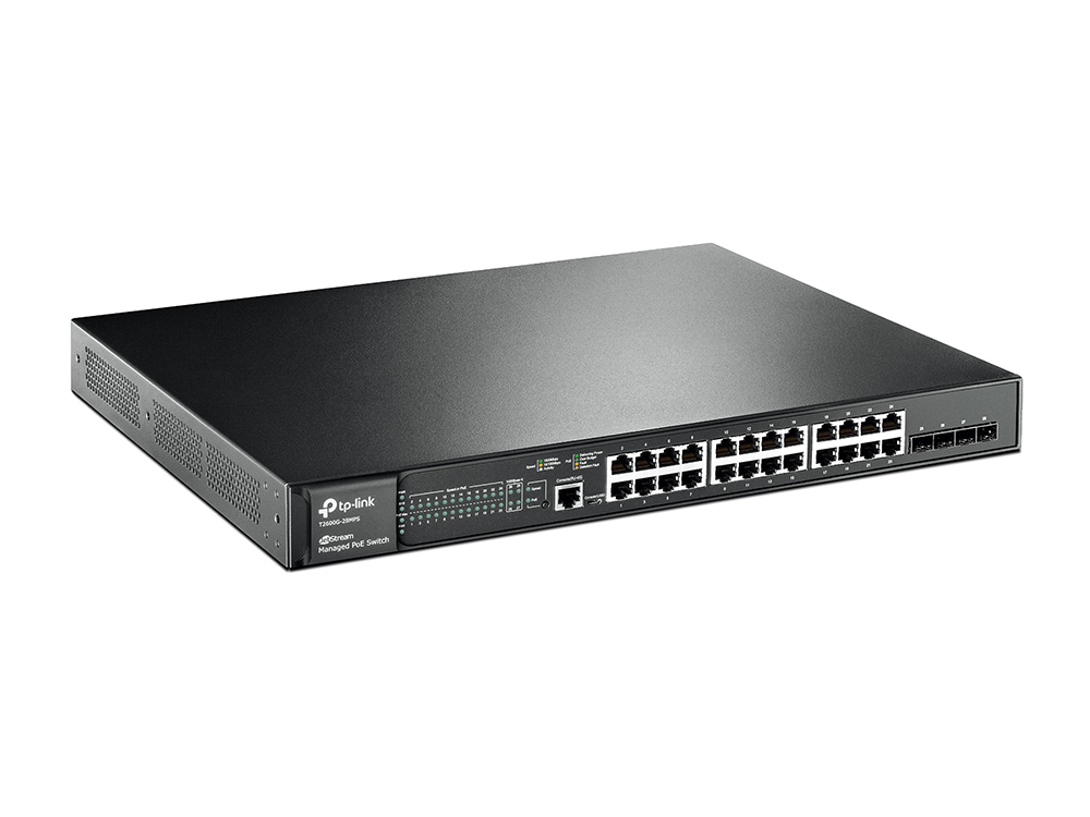 Коммутатор TP-Link L2, PoE+, 4*SFP, 20*10/100/1000, 4 combo 10/100/1000, 802.3at/af, общий бюджет до 384 Вт T2600G-28MPS T2600G-28MPS