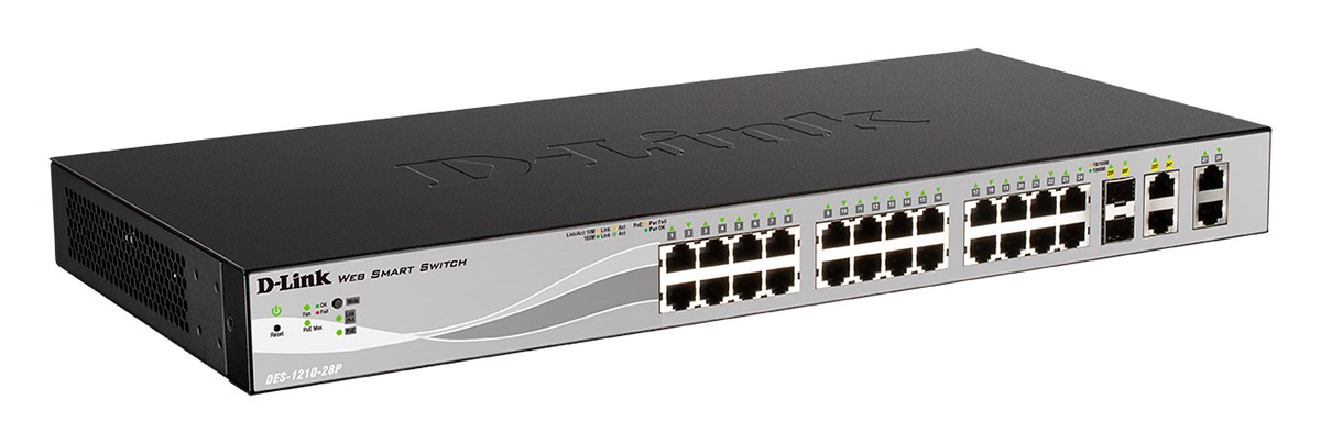 Коммутатор D-Link L2 Smart Switch with 24 10/100Base-TX ports and 2 10/100/1000Base-T ports and 2 100/1000Base-T/SFP combo-ports (4 PoE ports 802.3af/802.3at (30 W), 20 PoE ports 802.3af (15,4 W), PoE Budget 193 W) DES-1210-28P/C3A DES-1210-28P/C3A
